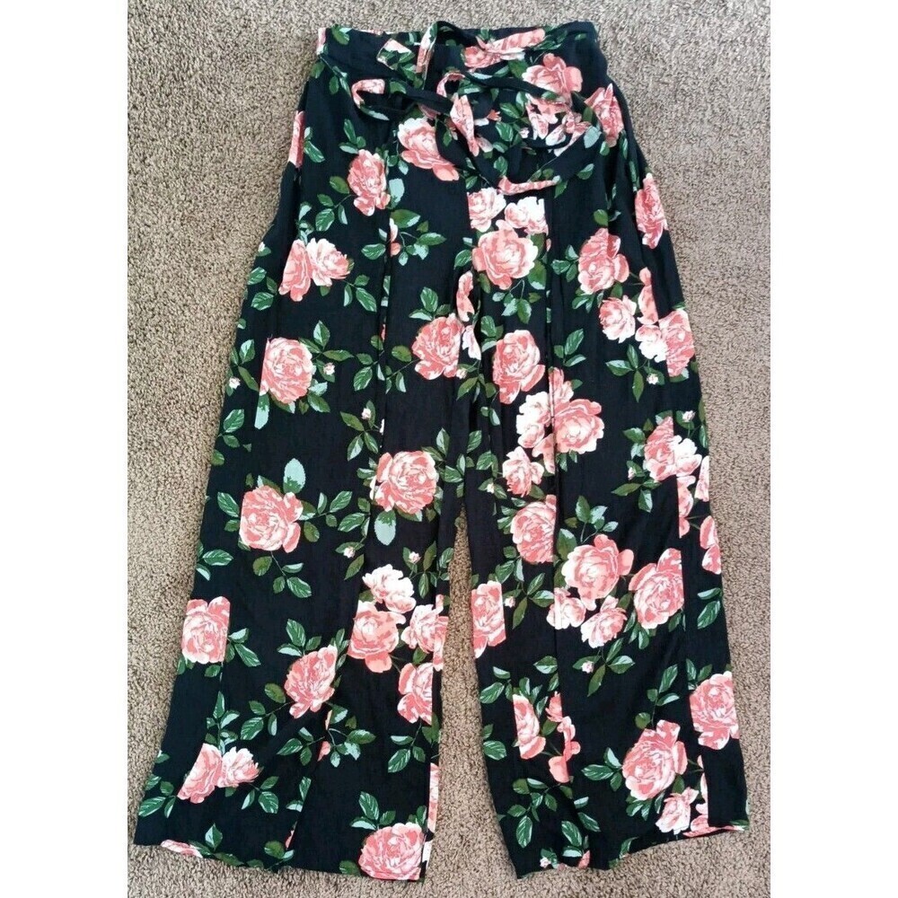 New Look Front Tie Pants Womens Sz Small Black Floral Open Wide Leg Lightweight